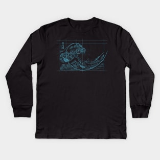 Hokusai Meets Fibonacci, Golden Ratio, Blue Line Kids Long Sleeve T-Shirt